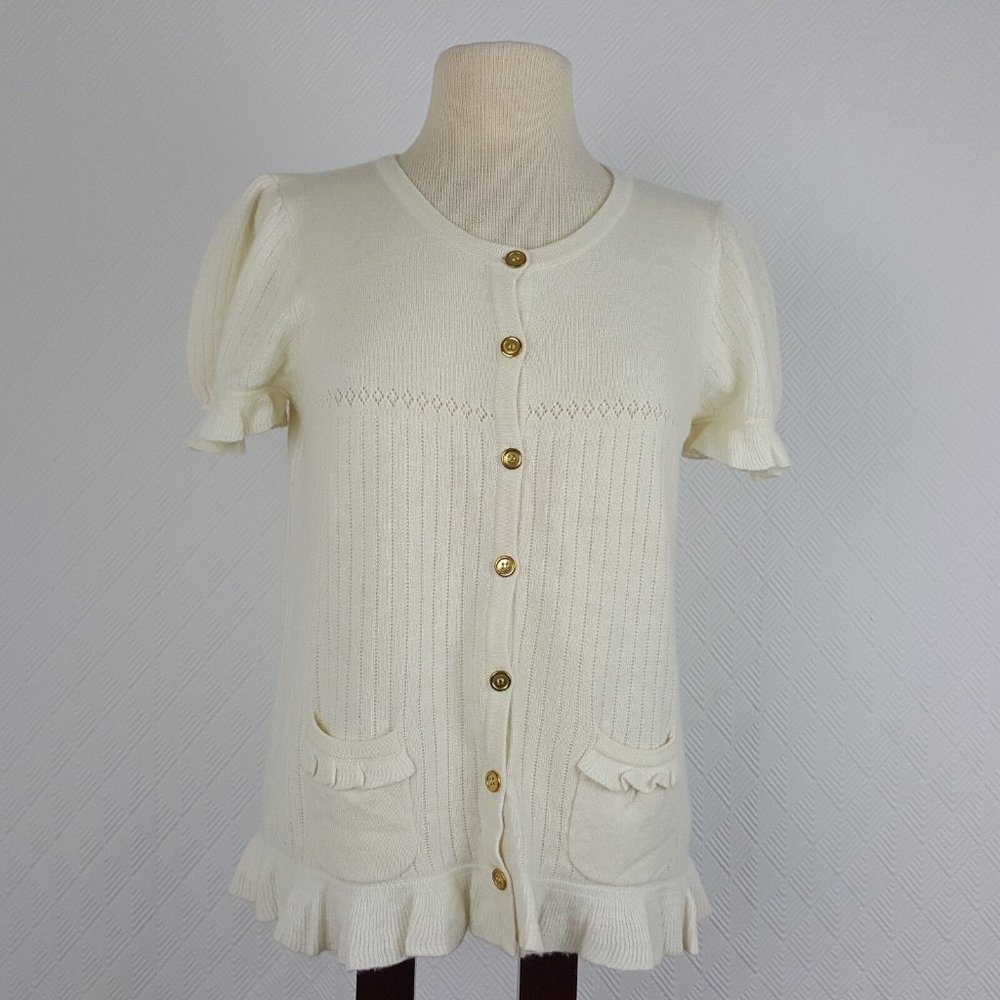 Juicy Couture Juniors Pleated Short Sleeve Sweater Ivory Button Front Size XL